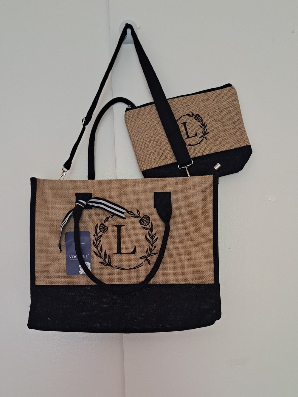 Yoolife natural Burlap & Black Tote Bag with Monogram L